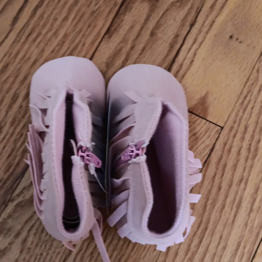 Suede-Look Pink Fringed Zip Baby Booties